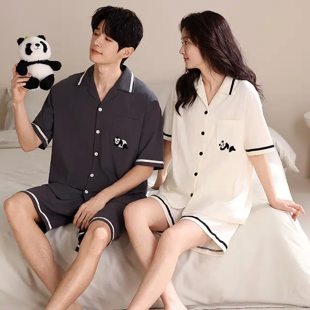 俏韵 翻领可爱熊猫短袖家居服可外穿三分裤夏季睡衣套装 男女同款