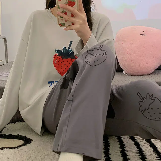 俏韵 圆领春秋季仿棉长袖简约印花休闲甜美可爱薄款舒适家居服可外穿睡衣套装 女款