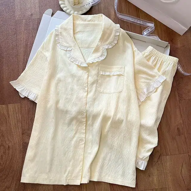 俏韵 翻领夏季云朵棉纯色短袖甜美花边可爱舒适休闲薄款家居服可外穿睡衣套装 女款