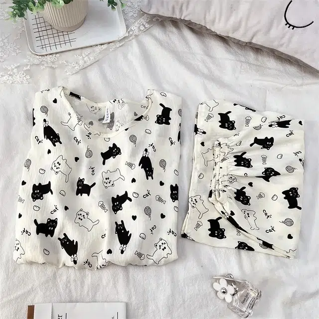 俏韵 圆领卡通猫咪夏季云朵棉甜美可爱短袖短裤舒适薄款家居服可外穿睡衣套装 女款