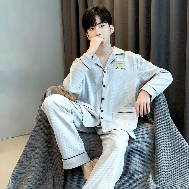 俏韵 翻领秋春季长袖长裤开衫休闲简约薄款舒适家居服可外穿睡衣套装 男款