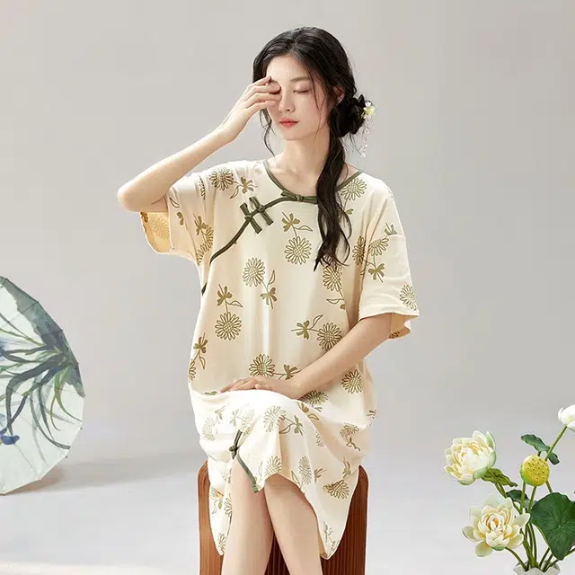 俏韵 圆领夏季款短袖简约甜美国风中长款家居服可外穿睡裙 女款