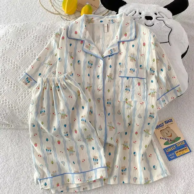 俏韵 翻领卡通夏季云朵棉甜美可爱短袖短裤舒适薄款家居服可外穿睡衣套装 女款