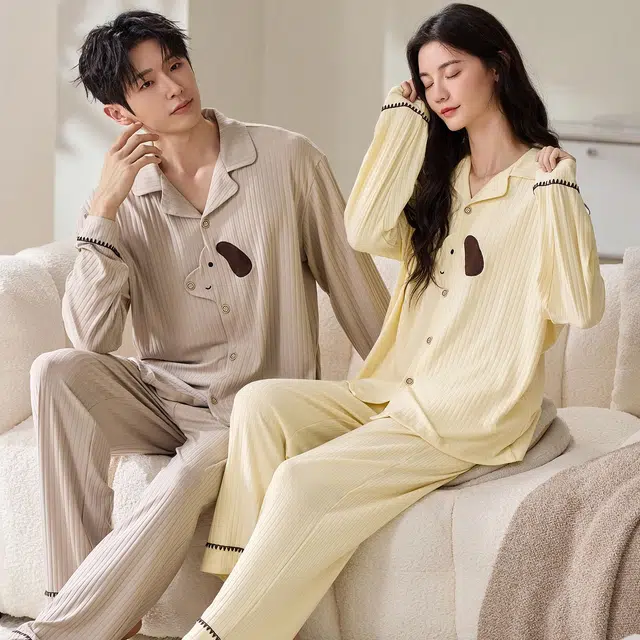 俏韵 翻领春秋季简约长袖长裤甜美舒适休闲家居服可外穿睡衣套装 男女同款