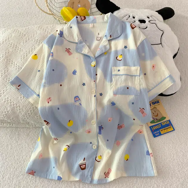 俏韵 翻领卡通夏季云朵棉甜美可爱亲肤短袖短裤薄款家居服可外穿睡衣套装 女款