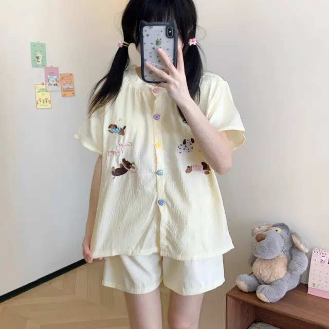 俏韵 圆领浅黄腊肠狗卡通可爱可外穿带胸垫短袖家居服可外穿睡衣套装 女款