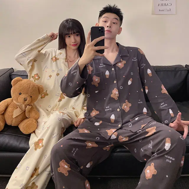 俏韵 翻领卡通春秋季简约印花长袖长裤甜美可爱舒适家居服可外穿睡衣套装 男女同款