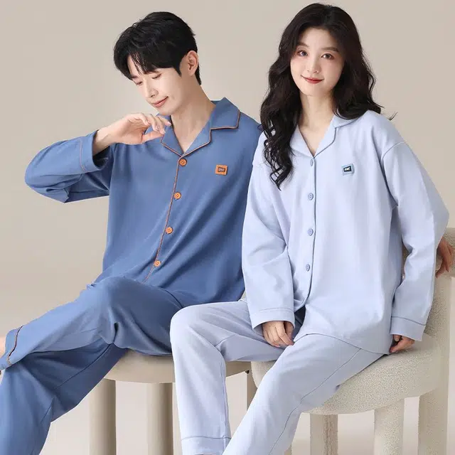 俏韵 翻领春秋季款纯棉简约纯色长袖长裤甜美舒适休闲家居服可外穿睡衣套装 男女同款