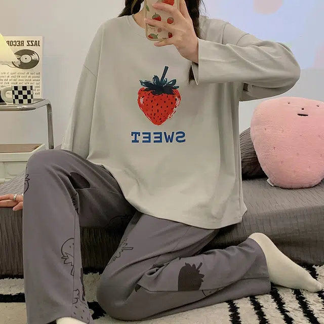 俏韵 圆领春秋季仿棉长袖简约印花休闲甜美可爱薄款舒适家居服可外穿睡衣套装 女款