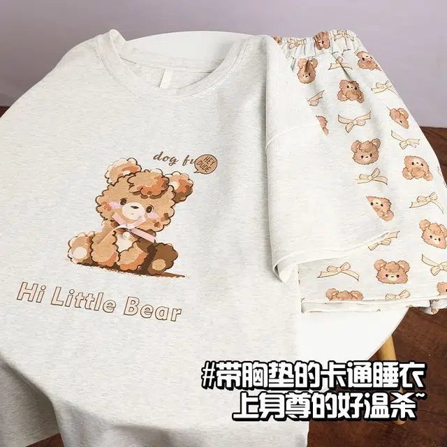 俏韵 卡通短袖圆领可爱套头带胸垫甜美家居服可外穿睡衣套装 女款