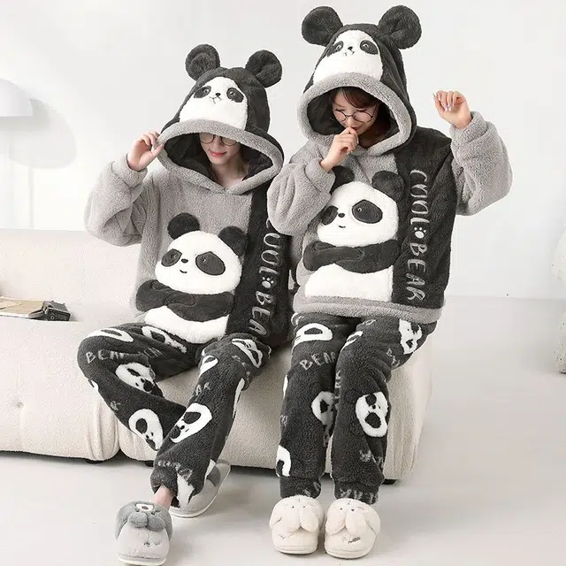 俏韵 连帽卡通熊猫冬季加绒保暖长袖长裤甜美印花可爱舒适家居服可外穿睡衣套装 男女同款