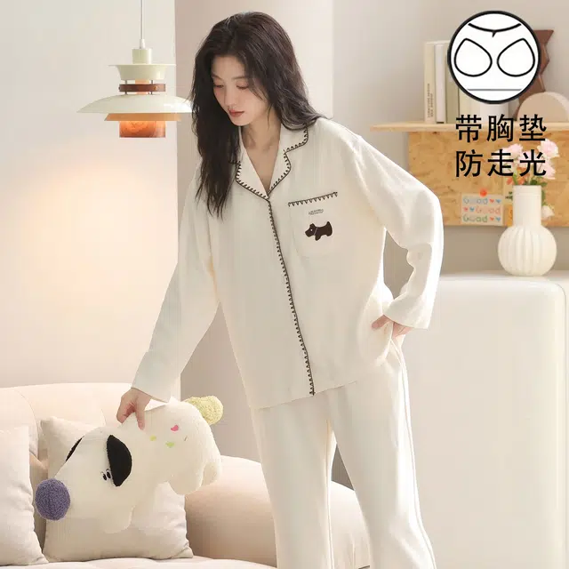 俏韵 翻领春秋季简约风长袖长裤休闲甜美可爱薄款舒适家居服可外穿 睡衣套装 女款