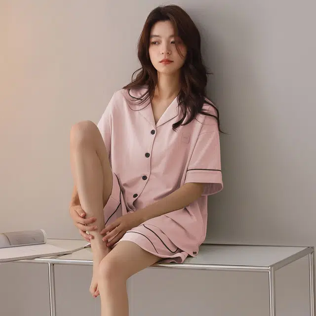 俏韵 翻领夏季纯棉舒适简约短袖甜美可爱薄款家居服可外穿睡衣套装 女款