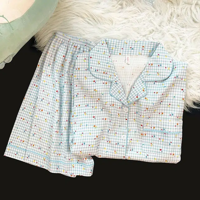 俏韵 翻领夏季云朵棉短袖短裤开衫甜美可爱家居服可外穿睡衣套装 女款