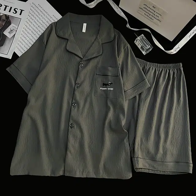 俏韵 翻领夏季云朵棉双短两件套简约纯色刺绣开衫薄款家居服可外穿睡衣套装 男款