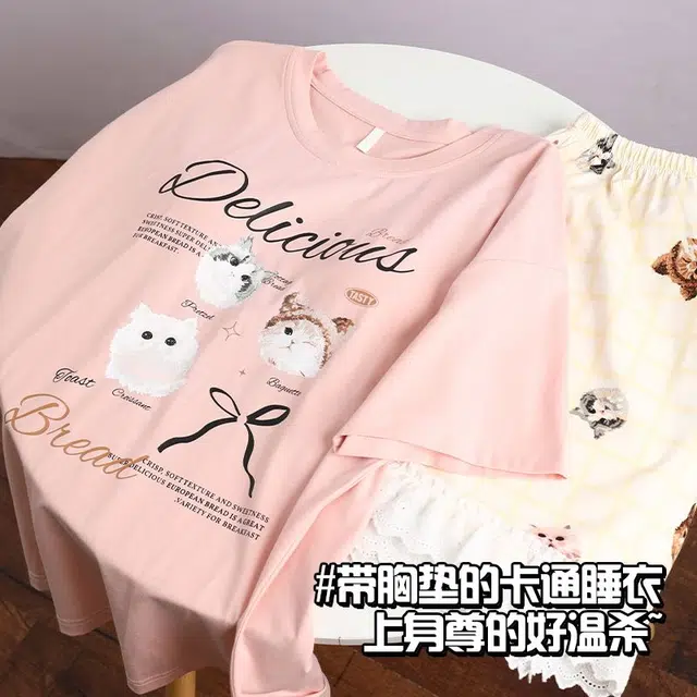俏韵 圆领卡通短袖可爱套头带胸垫家居服可外穿夏季睡衣套装 女款