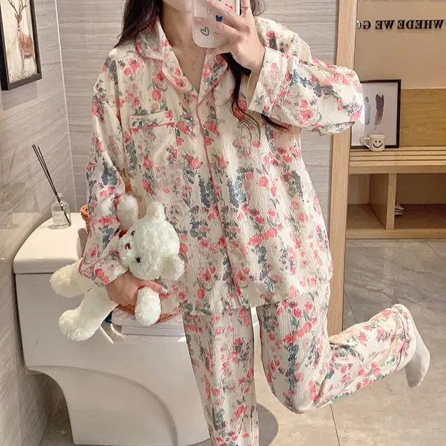 俏韵 翻领春秋季薄款云朵棉长袖带胸垫开衫休闲家居服可外穿睡衣套装 女款