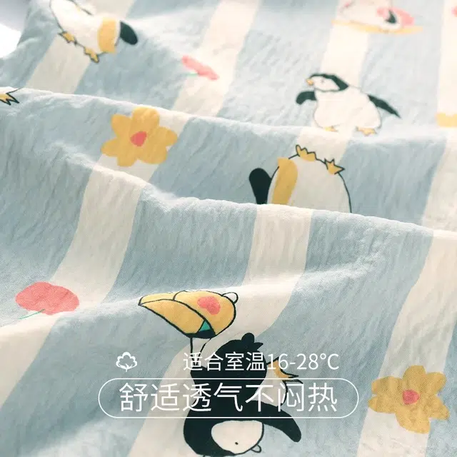 俏韵 休闲卡通企鹅短袖长裤睡衣套装 女款 蓝色