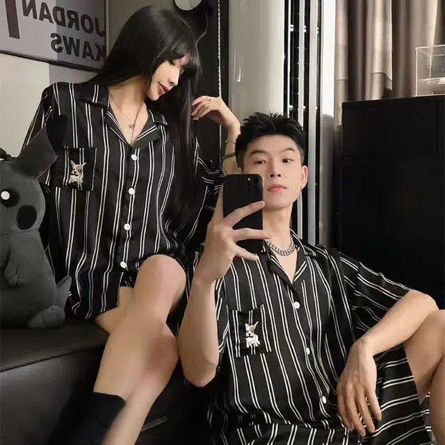 俏韵 翻领短袖可外穿家居服睡衣套装 男女同款