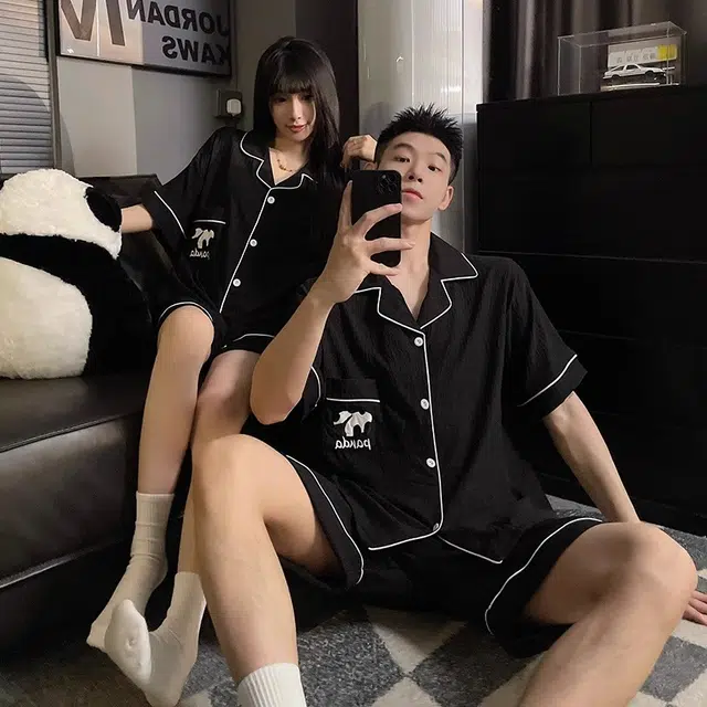 俏韵 翻领熊猫短袖三分裤可爱家居服可外穿夏季睡衣套装 男女同款