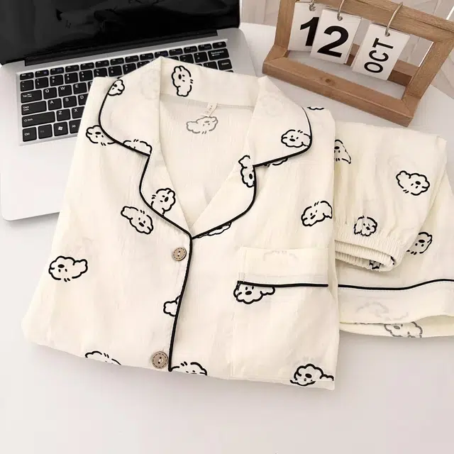 俏韵 翻领卷毛小狗云朵棉短袖薄款卡通家居服可外穿睡衣套装 男女同款