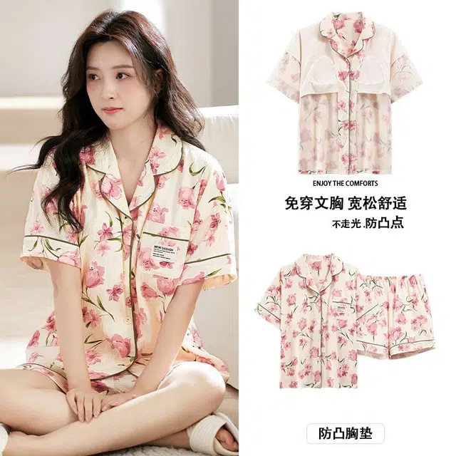 俏韵 短袖翻领甜美舒适三分裤薄款家居服可外穿夏季睡衣套装 女款