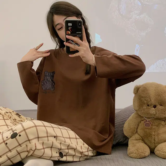 俏韵 圆领春秋季仿棉长袖简约印花休闲甜美薄款舒适家居服可外穿睡衣套装 女款