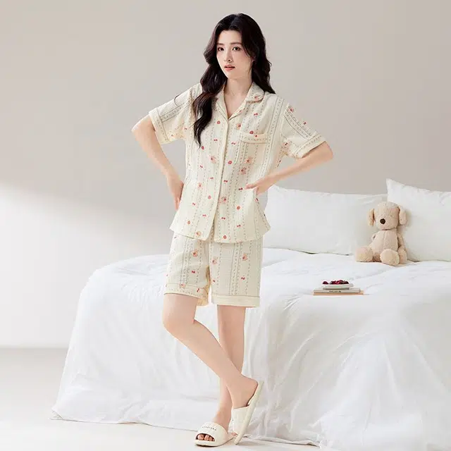 俏韵 翻领夏季天纯棉甜美可爱短袖舒适薄款家居服可外穿睡衣套装 女款