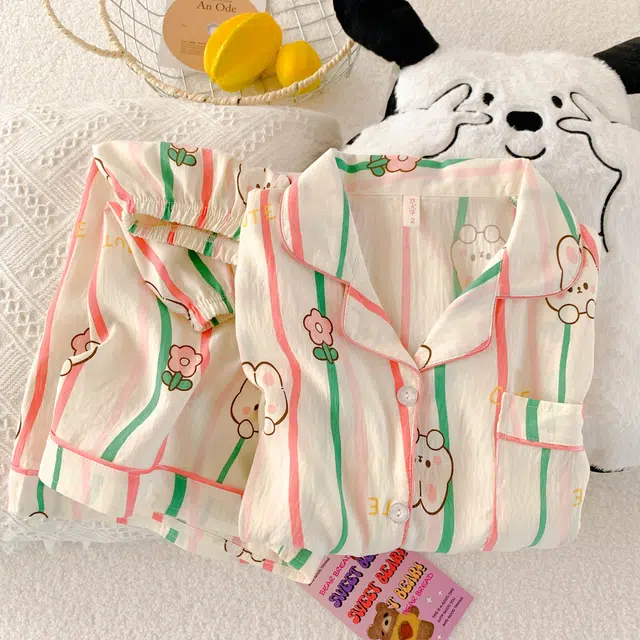 俏韵 翻领卡通风夏季云朵棉套头短袖可爱甜美家居服可外穿睡衣套装 女款