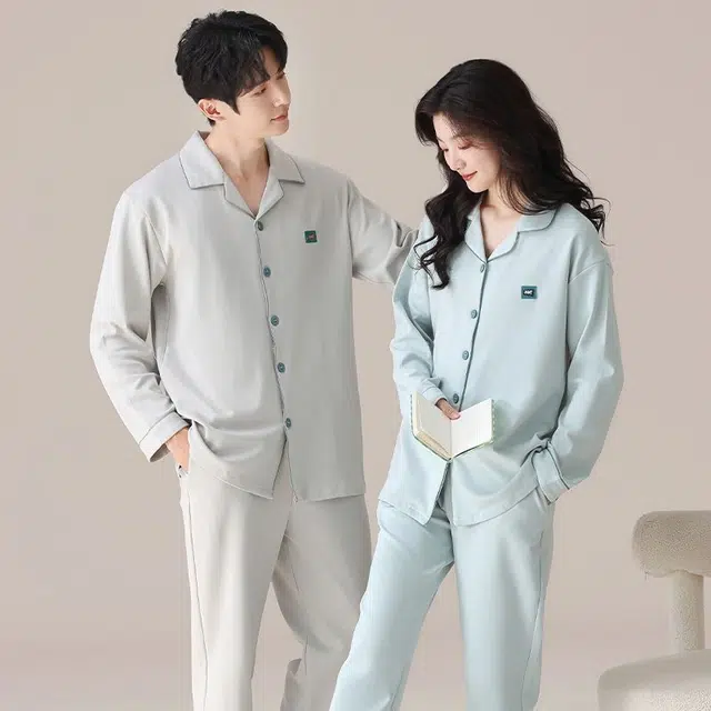 俏韵 翻领春秋季纯棉简约长袖长裤甜美舒适休闲高级家居服可外穿睡衣套装 男女同款