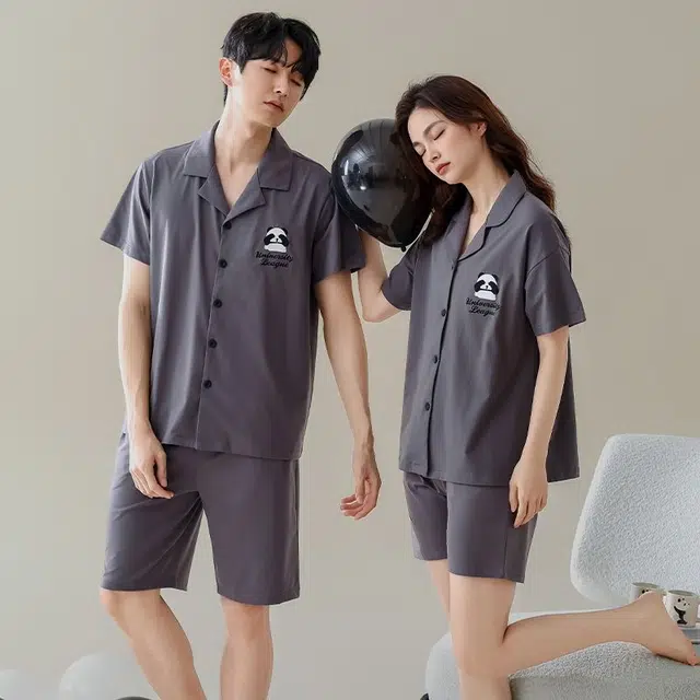 俏韵 夏季纯棉短袖短裤简约熊猫薄款家居服睡衣套装 男女同款