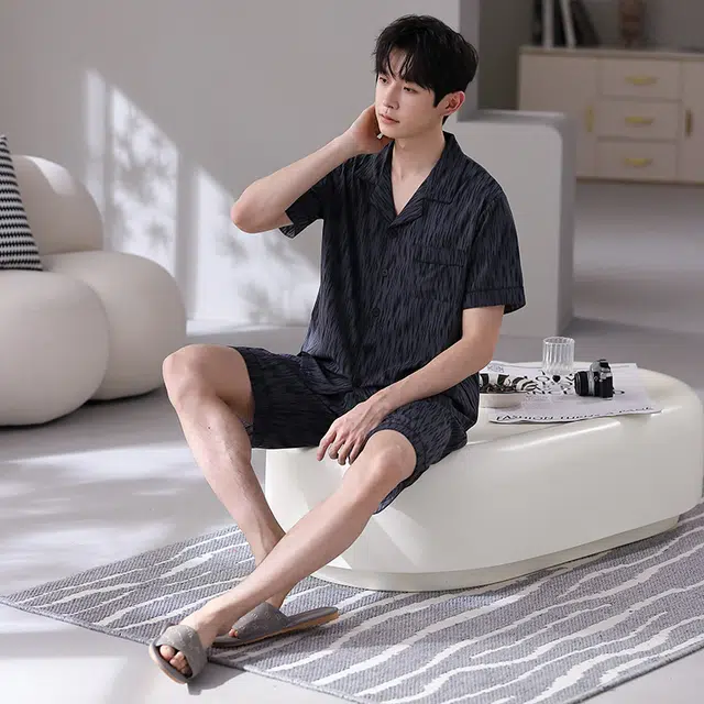 俏韵 舒适短袖短裤冰丝翻领家居服睡衣套装 男款 深蓝色