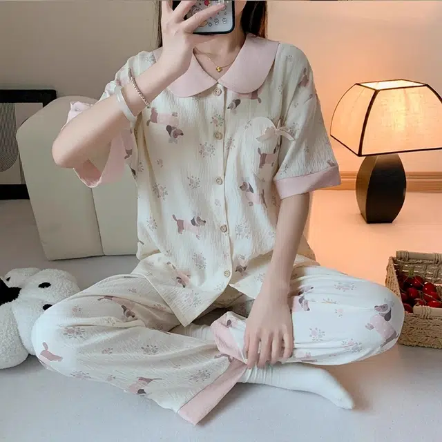 俏韵 翻领卡通腊肠狗短袖长裤三件套薄款舒适家居服可外穿睡衣套装 女款