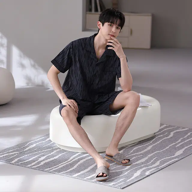 俏韵 舒适短袖短裤冰丝翻领家居服睡衣套装 男款 深蓝色