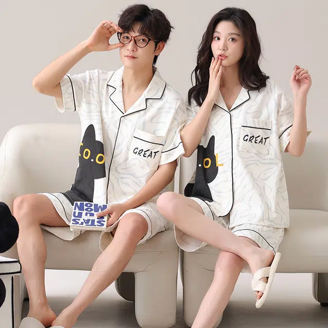 俏韵 舒适休闲翻领短袖薄款家居服可外穿睡衣套装 男女同款