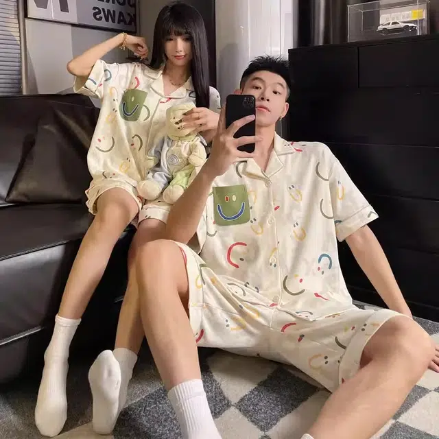 俏韵 翻领卡通笑脸短袖舒适凉爽家居服可外穿夏季睡衣套装 男女同款 图片色
