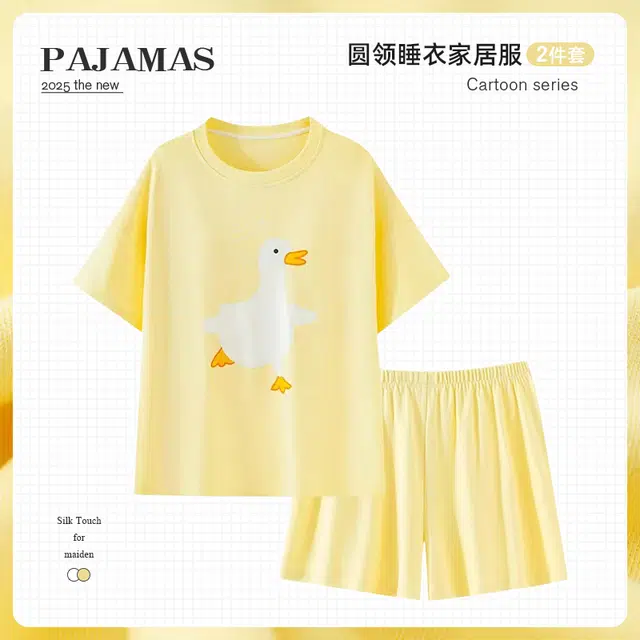 俏韵 圆领卡通小鸭子甜美风宽松短袖短裤家居服可外穿睡衣套装 女款
