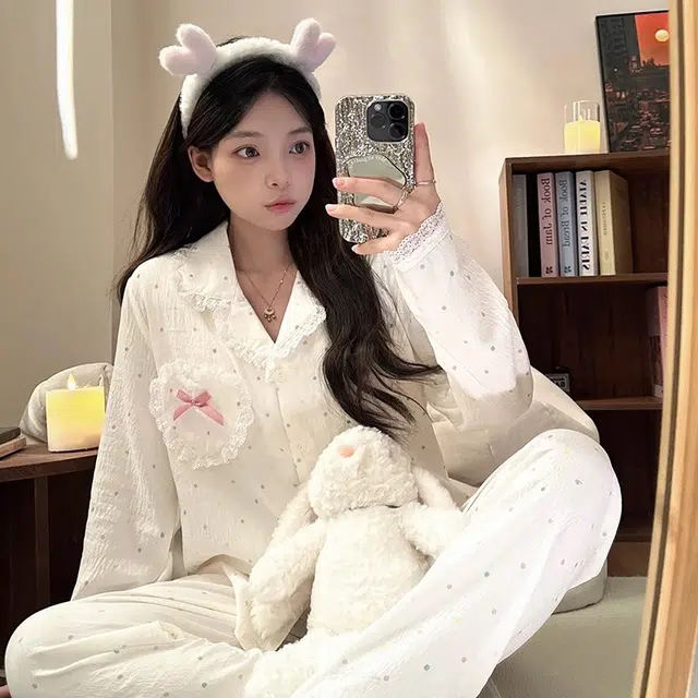 俏韵 波点云朵棉甜美长袖长裤睡衣套装 女款 杏色