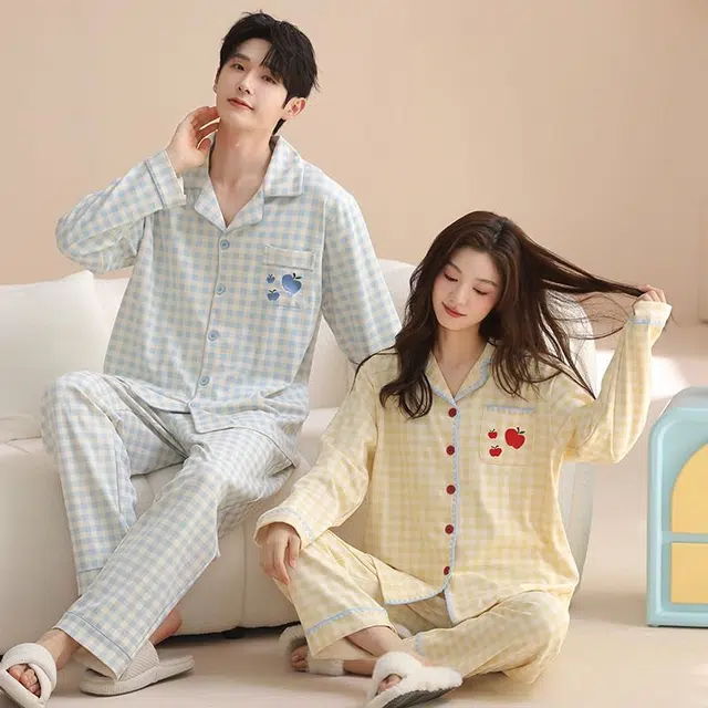 俏韵 翻领卡通苹果春秋季纯棉长袖长裤甜美印花可爱舒适薄款家居服可外穿睡衣套装 女款