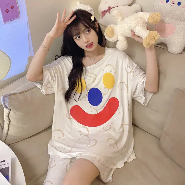 俏韵 可外穿卡通笑脸带胸垫短袖家居服短裤睡衣套装 女款