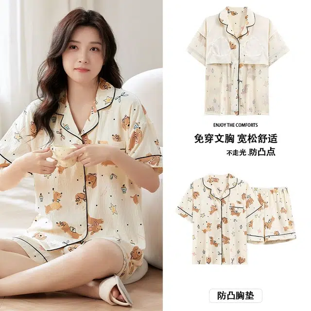 俏韵 翻领卡通甜美短袖三分裤薄款家居服可外穿夏季睡衣套装 女款