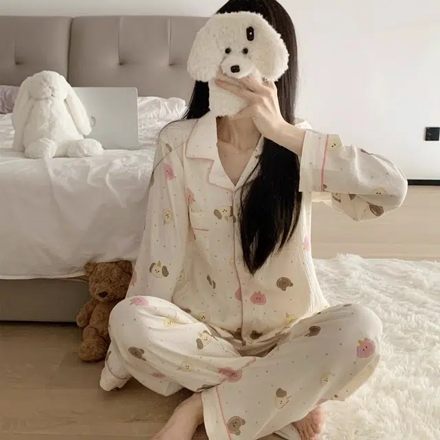 俏韵 翻领卡通小熊春秋季印花长袖长裤甜美可爱薄款家居服可外穿睡衣套装 女款