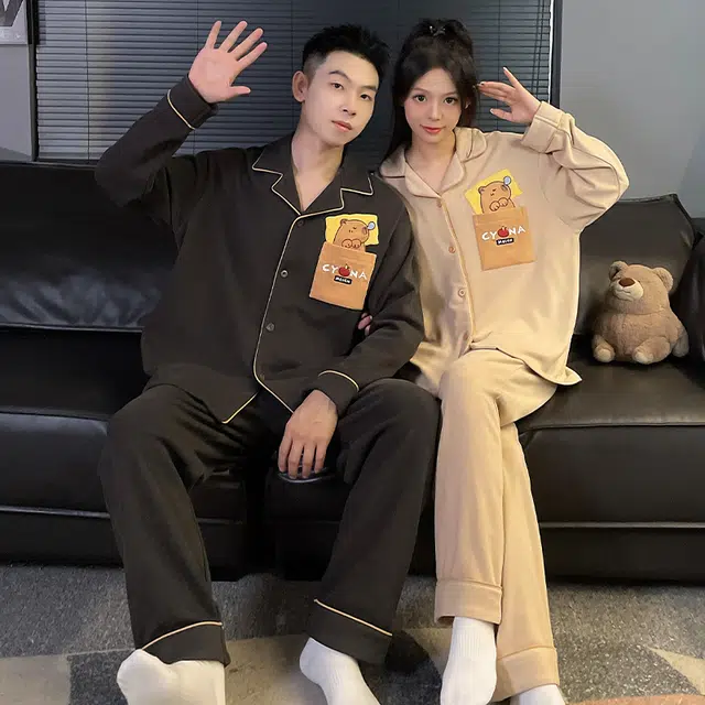 俏韵 翻领卡通秋冬季德绒保暖长袖长裤甜美可爱舒适家居服可外穿睡衣套装 男女同款