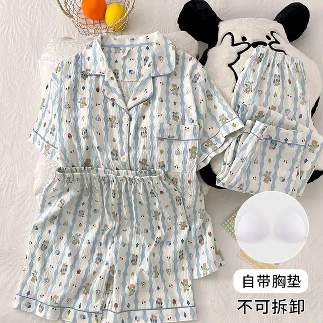 俏韵 翻领卡通夏季款云朵棉带胸垫甜美短袖三件套休闲舒适薄款家居服可外穿睡衣套装 女款