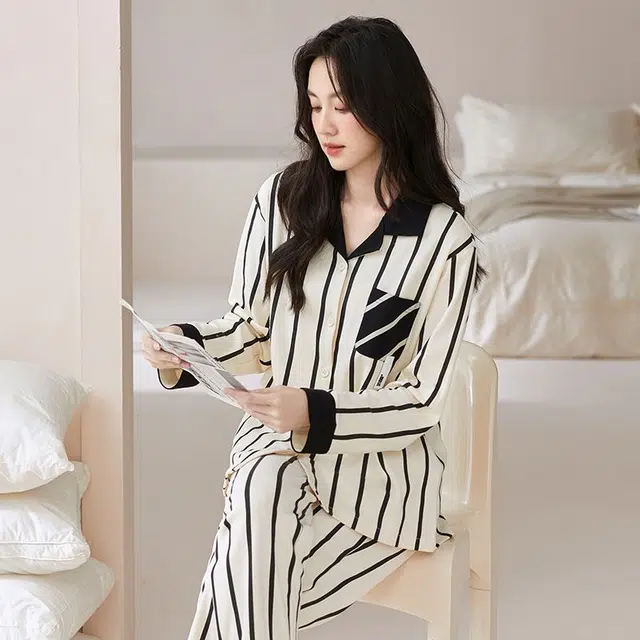 俏韵 翻领春秋季简约条纹长袖长裤甜美舒适休闲高级家居服可外穿睡衣套装 男女同款