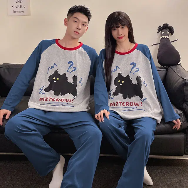 俏韵 圆领卡通春秋季简约长袖长裤甜美印花可爱舒适家居服可外穿睡衣套装 男女同款