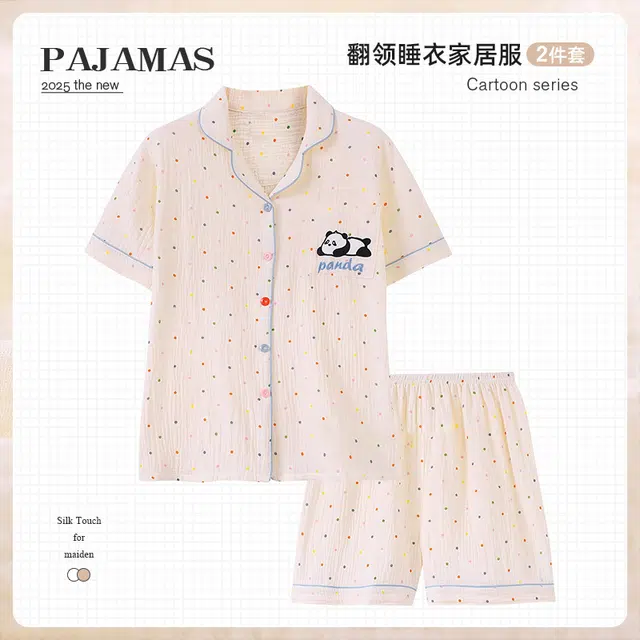 俏韵 翻领卡通甜美舒适短袖三分裤薄款家居服可外穿夏季睡衣套装 女款