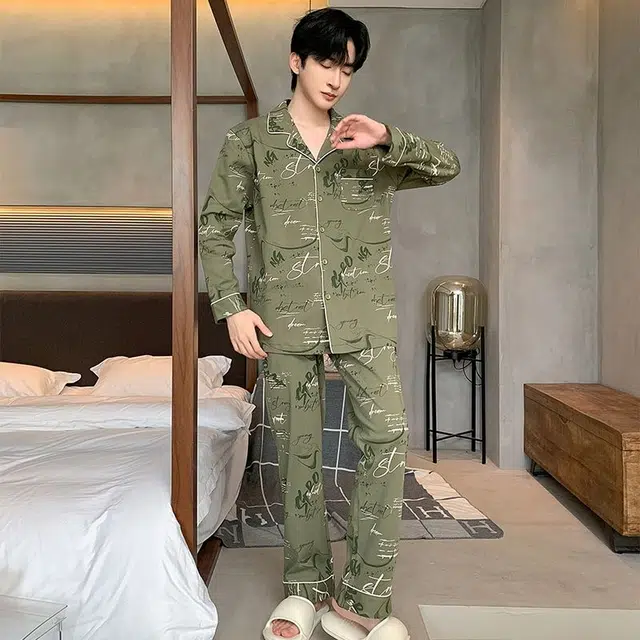 俏韵 翻领春秋季简约印花长袖休闲开衫薄款家居服可外穿睡衣套装 男款