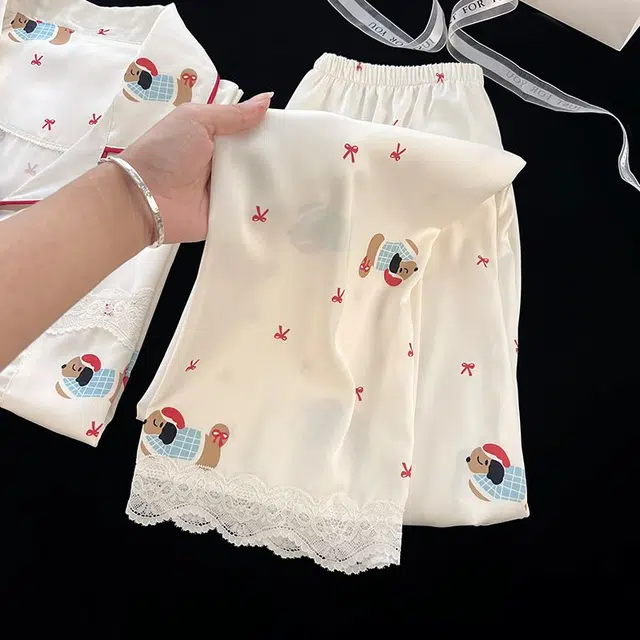 俏韵 翻领卡通腊肠狗夏季冰雪丝舒适可爱甜美短袖三件套薄款家居服可外穿睡衣套装 女款