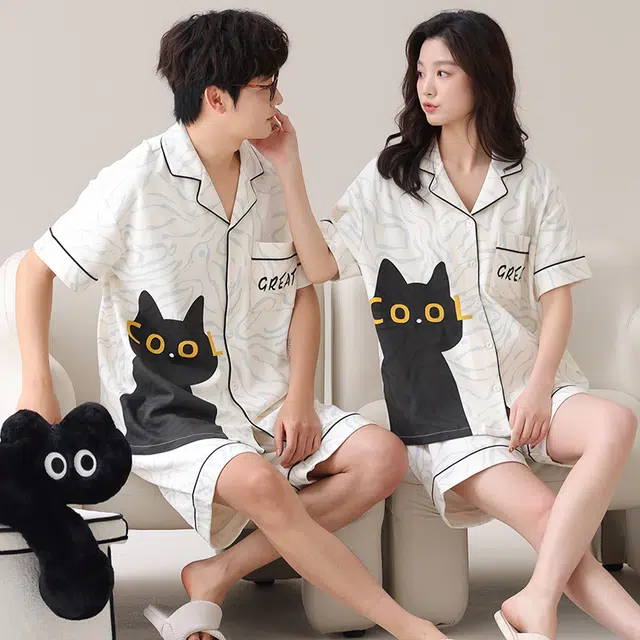 俏韵 舒适休闲翻领短袖薄款家居服可外穿睡衣套装 男女同款